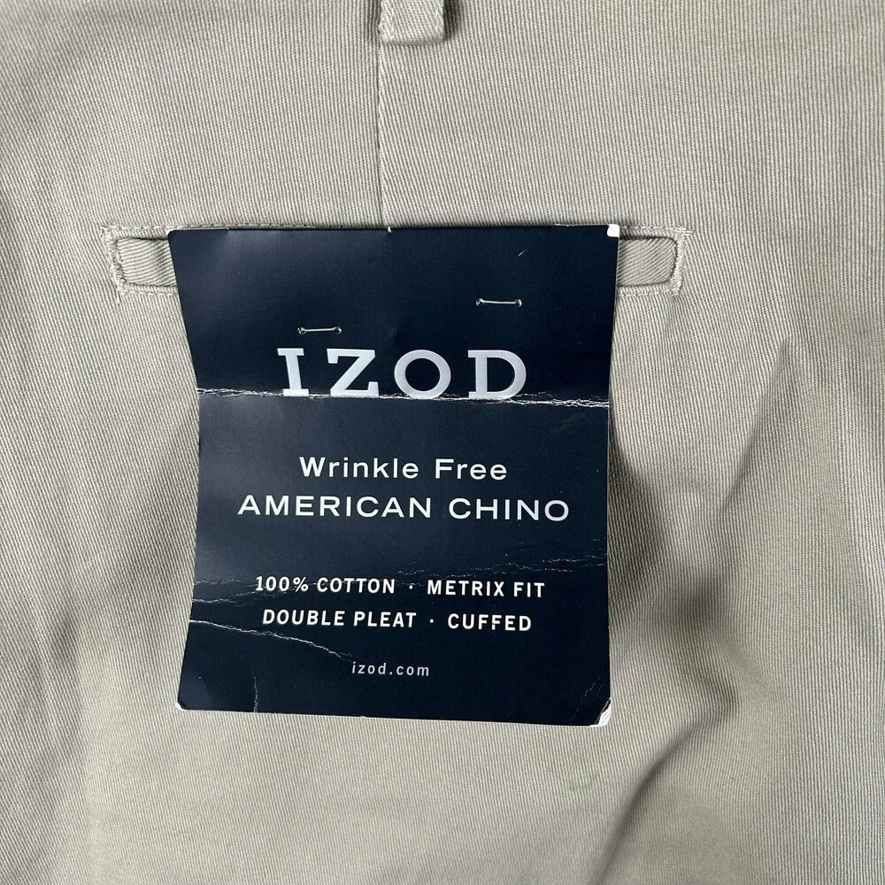 IZOD Pants Mens 35x30 Beige Wrinkle Free American Chino Pleated Cuffed